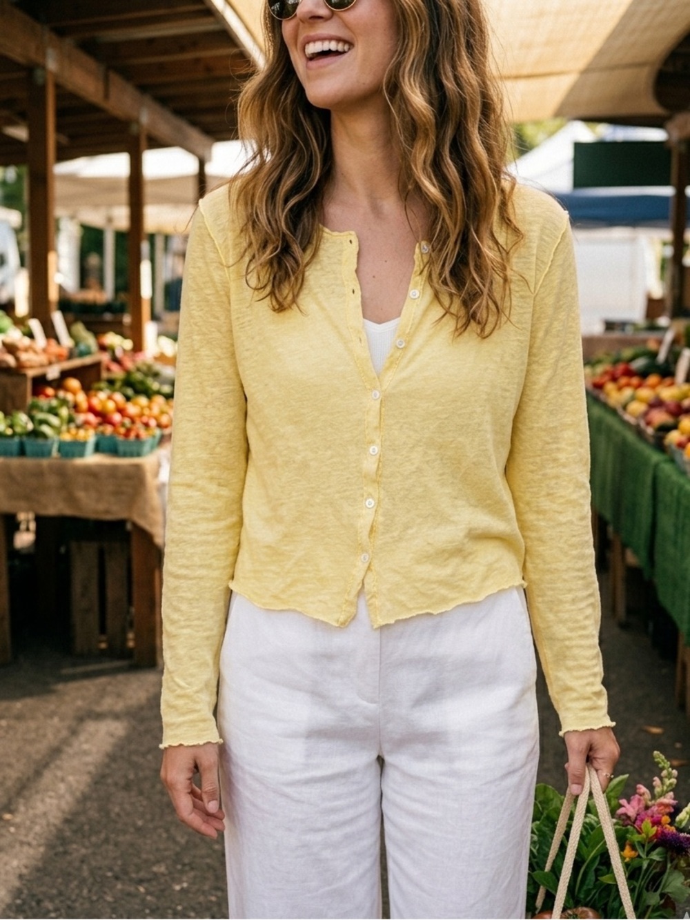 NWT Cut Loose Linen Blend Crop Cardigan Sweater Yellow Lagenlook Coastal | M